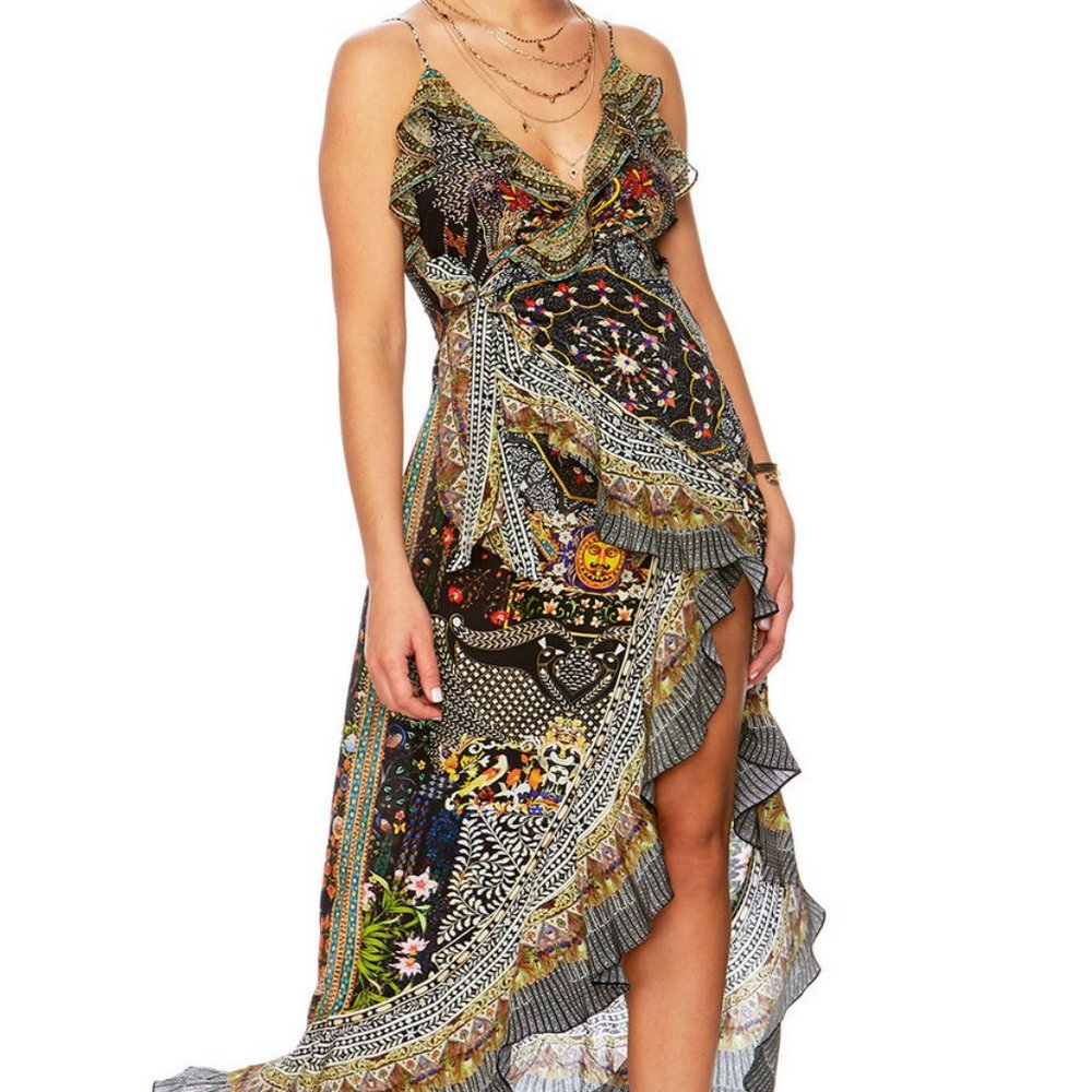 CAMILLA BEHIND CLOSED DOORS LONG WRAP DRESS WITH FRILLS